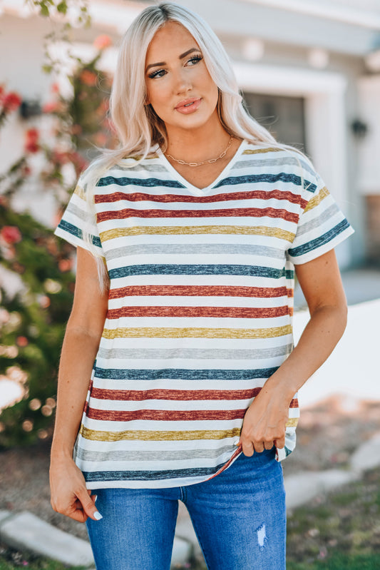 Striped V-Neck Short Sleeve Tee - Kawaii Stop - Affordable Fashion, Casual Chic, Comfortable, Fashionable, Ship From Overseas, Short Sleeves, Slightly Stretchy Fit, Striped Top, Stylish, SYNZ, T-Shirt, T-Shirts, Tee, Timeless Design, V-Neck Tee, Versatile, Wardrobe Essential, Women's Clothing, Women's Top