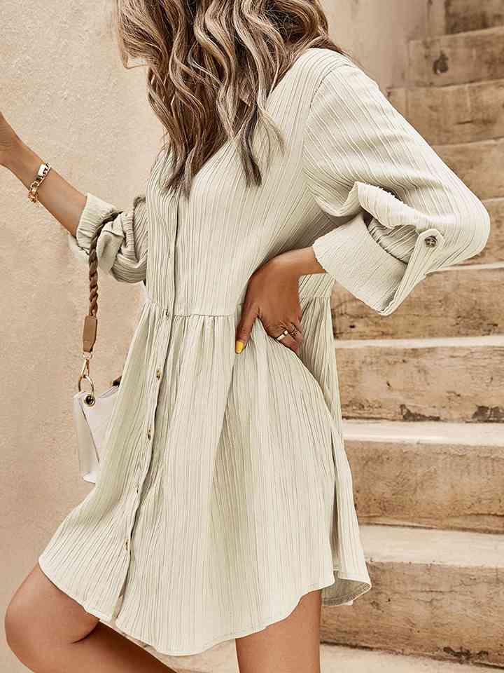 Button-Down Roll-Tab Sleeve Dress - Kawaii Stop - Ankle Boots, Chic Fashion, Confidence, Dress, Easy Care, Fashion, Opaque Sheer, Roll-Tab Sleeve Dress, Ship From Overseas, Slightly Stretchy, Statement Belt, Style, SYNZ, Women's Clothing