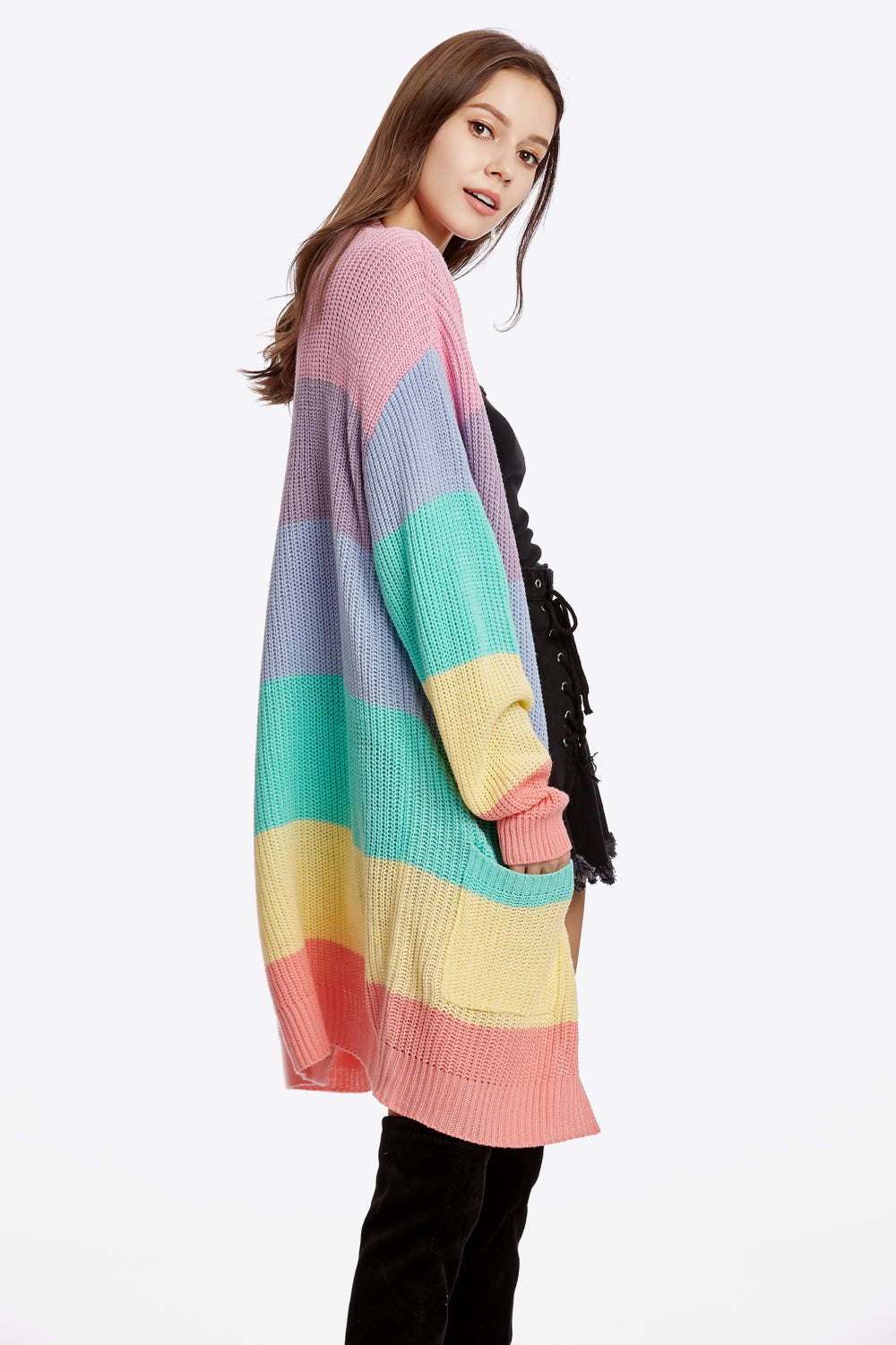 Color Block Open Front Drop Shoulder Cardigan with Pockets - Kawaii Stop - Kawaii Shop