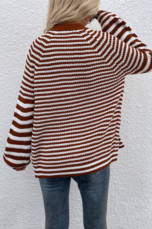 Striped V-Neck Button-Down Cardigan - Kawaii Stop - Cardigan, Cardigans, Casual Elegance, Classic Style, Drizzle, Everyday Comfort, Ship From Overseas, Striped Cardigan, Thermal Properties, Timeless Stripes, V-Neck, Versatile Layering, Women's Clothing