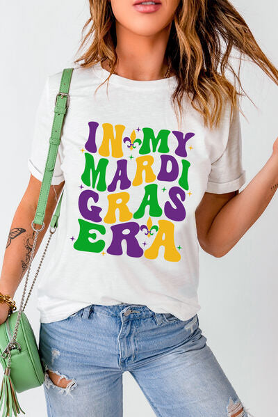 IN MY MARDI GRAS ERA Round Neck T-Shirt - Kawaii Stop - Celebrate in Style, Celebratory Attire, Comfortable Wear, Early Spring Collection, Express Yourself, Festive Top, Fun and Stylish, Mardi Gras T-Shirt, Mardi Gras Vibes, Party Ready, Round Neck Tee, Ship From Overseas, Shipping delay February 8 - February 16, Show Your Spirit, Slightly Stretchy, Statement Attire, SYNZ, Unique Design, Vibrant Print