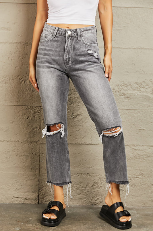 Stone Wash Distressed Cropped Straight Jeans - Kawaii Stop - BAYEAS, Casual Fashion, Chic Style, Comfortable Denim, Contemporary Style, Cool Outfits, Cropped Jeans, Distressed Jeans, Effortless Fashion, Fashion Essentials, Fashion for Women, High Waist Denim, Jeans, Jeans for Women, Kawaii Stop Fashion, Must-Have Jeans, Ship from USA, Statement Jeans., Streetwear Fashion, Stylish Apparel, Trendy Bottoms, Trendy Outfits, Unique Clothing, Versatile Jeans, Women's Jeans