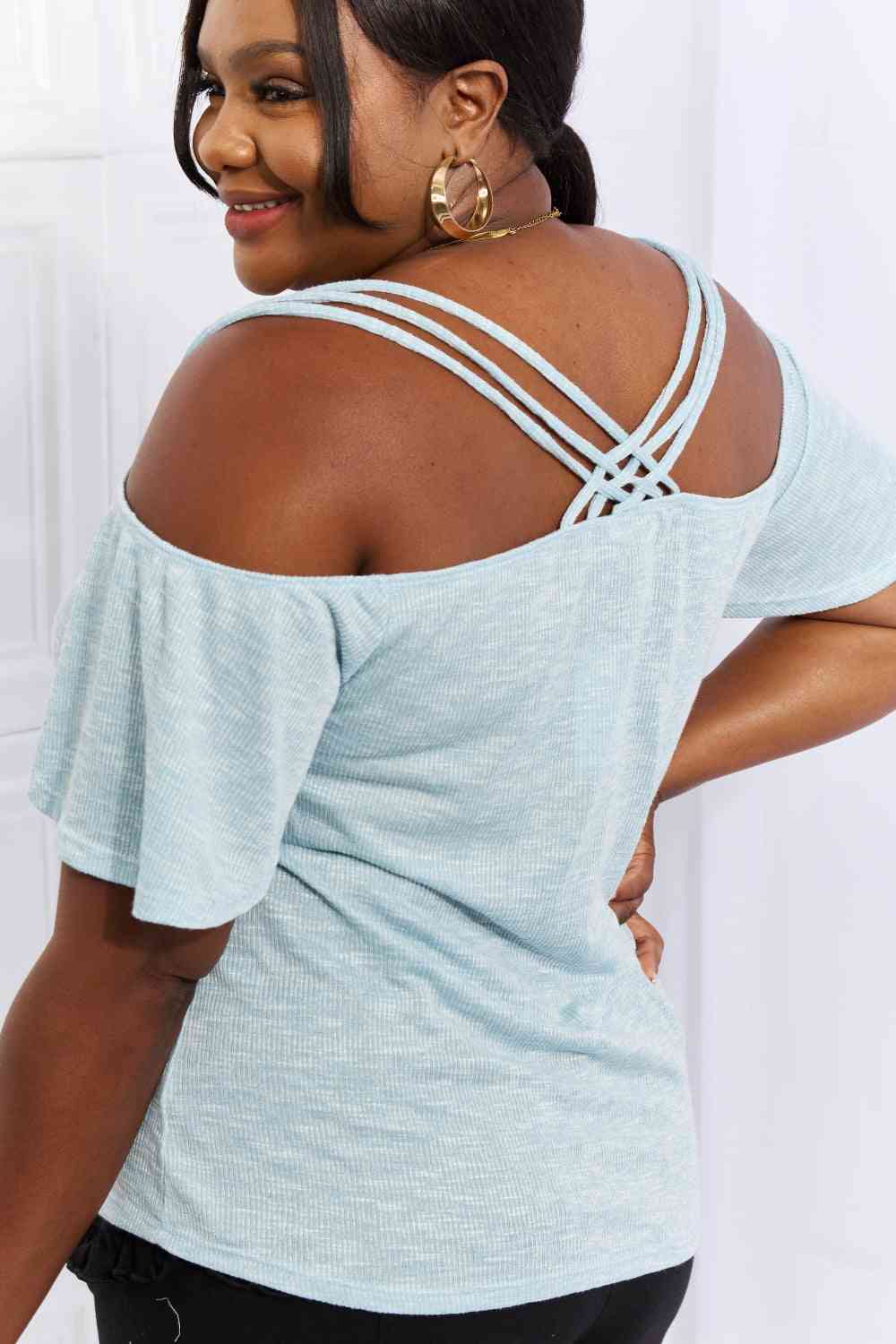 On The Move Full Size Off The Shoulder Flare Sleeve Top in Ice Blue