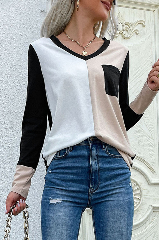 Spliced Long Sleeve Tee with Pocket - Kawaii Stop - Bodysuit, Boots, Breast Pocket, Color Block, Contrast Trim, Cotton, Fashion Statement, High-Waisted Jeans, Hundredth, Long Sleeves, Polyester, Ship From Overseas, T-Shirt, T-Shirts, Tee, Trendy, V-Neck, Women's Clothing, Women's Top