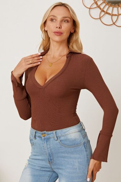 V-Neck Long Sleeve Bodysuit - Kawaii Stop - Early Spring Collection, Essential Piece, Highly Stretchy, MDML, Rayon, Ship From Overseas, Shipping delay February 3 - February 16, Size Inclusivity, Spandex, V-Neck Bodysuit, Versatile, Women's Fashion, Year-Round Wear