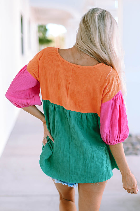 Color Block V-Neck Babydoll Blouse - Kawaii Stop - Babydoll Blouse, Blouse, Blouses, Casual Style, Color Block, Comfortable Cotton, Everyday Chic, Fashionista's Choice, Playful Design, Relaxed Fit, Ship From Overseas, SYNZ, Three-Quarter Sleeves, Trendy Look, V-Neck Detail, Versatile Blouse, Women's Clothing