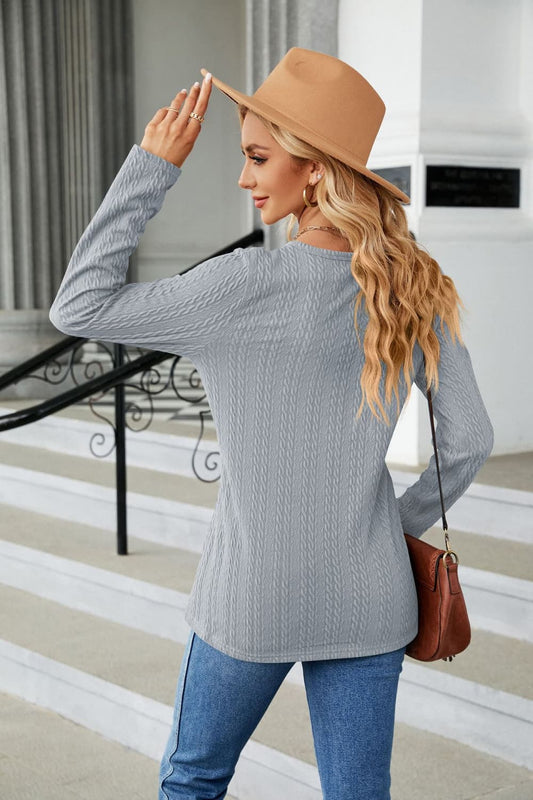 Cable-Knit Long Sleeve V-Neck T-Shirt - Kawaii Stop - Buttoned, Cable-Knit, Casual Style, Ship From Overseas, Shipping Delay 09/29/2023 - 10/02/2023, T-Shirt, T-Shirts, Tee, V-Neck, Versatile Fashion, Women's Clothing, Women's Top, X&D
