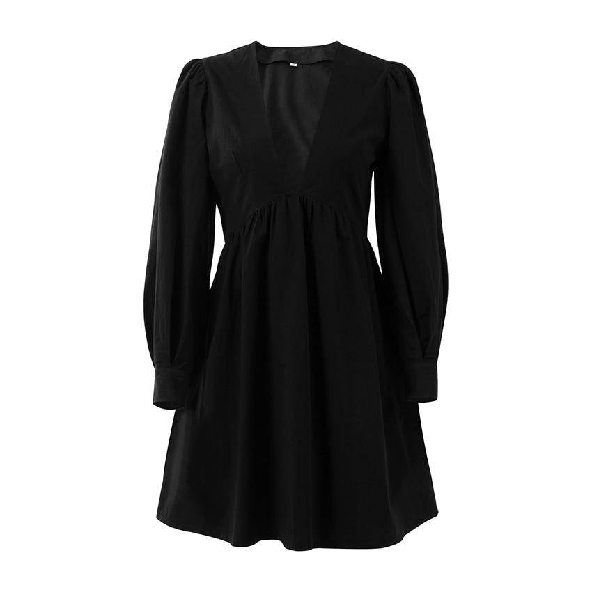 Puff Sleeve Mini Dress - Kawaii Stop - A-Line, All Dresses, Black, Cotton, Dress, Dresses, Half Sleeve, High Waist, High Waisted, Knee-Length, Office, Puff Sleeve, Sexy, Solid, Spring, Summer, V-Neck, White, Women's Clothing &amp; Accessories