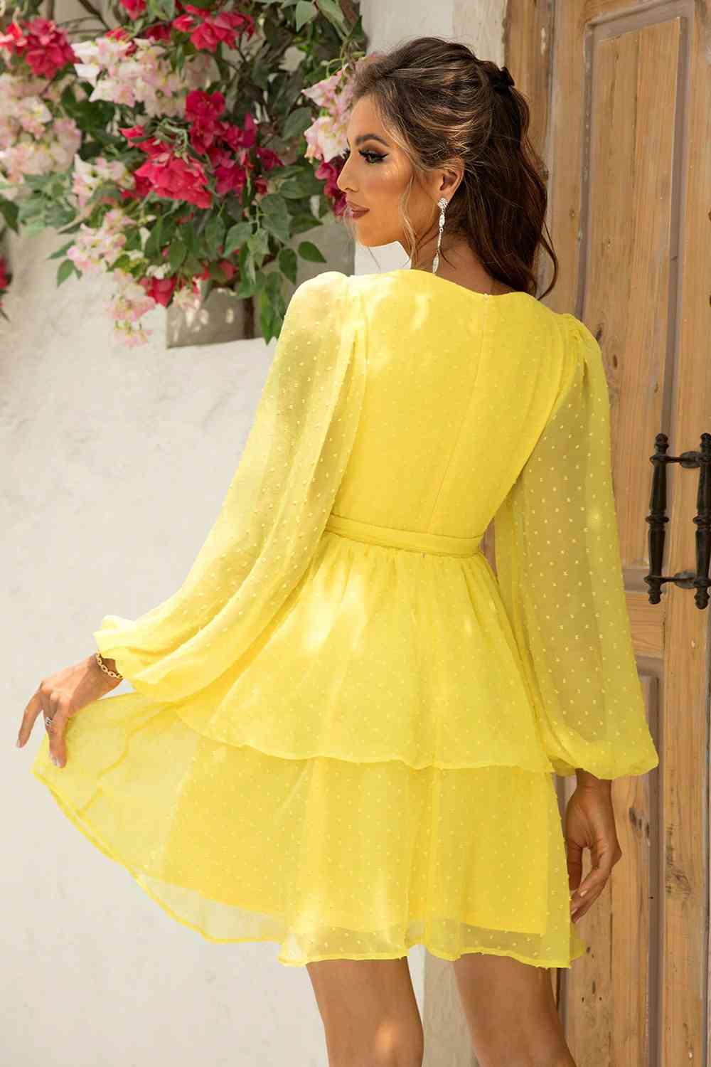 Tie Waist Balloon Sleeve Layered Dress - Kawaii Stop - Confidence, Dress, Easy Care, Elegant, Fashion, Layered Dress, Opaque Sheer, Polyester Dress, Ringing-N, Ship From Overseas, Slightly Stretchy, Statement Piece, Strappy Sandals, Style, Swiss Dot, Tied Dress, Wide-Brimmed Hat, Women's Clothing
