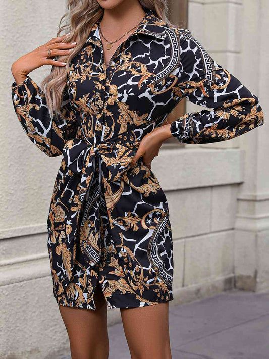 Tie Front Printed Collared Neck Shirt Dress - Kawaii Stop - Ankle Boots, Confidence, Dress, Easy Care, Fashion, Hanny, No Stretch, Opaque Sheer, Polyester Dress, Ship From Overseas, Shirt Dress, Style, Tie Front Dress, Wide Belt, Women's Clothing