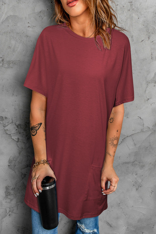 Round Neck Short Sleeve Tunic Tee - Kawaii Stop - 30% Viscose, 5% Spandex, 65% Polyester, Casual Style, Chic Design, Comfortable, Effortless Style, Long Length, Machine Washable, Opaque, Relaxed Fit, Round Neck, Ship From Overseas, Short Sleeves, Solid Color, SYNZ, T-Shirt, T-Shirts, Tee, Timeless Elegance, Tumble Dry, Tunic Tee, Versatile, Women's Clothing, Women's Top