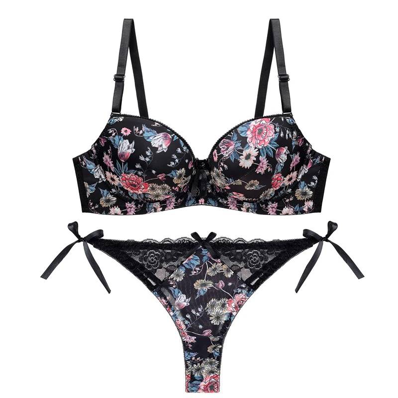 Sexy Floral Bra - Thong Set - Kawaii Stop - Back Closure, Bra, Bras, Cotton, Cute, Floral, Intimates, Lace, Lingerie, Panties, Panty, Polyamide, Push Up, Sensuous, Set, Sets, Sexy, Sexy Lingerie, Sexy Products, Spandex, Underwear, Underwire, Women's, Women's Clothing &amp; Accessories
