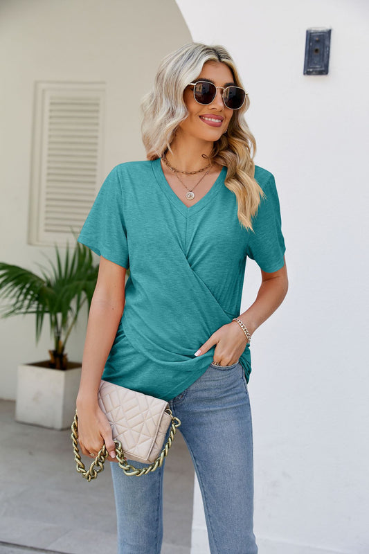 V-Neck Crisscross Short Sleeve Tee - Kawaii Stop - Casual Chic, Crisscross Detail, Easy Care, Everyday Wear, L&Q, Modern Style, Must-Have Tee, Ship From Overseas, Shipping Delay 09/29/2023 - 10/03/2023, Short Sleeve, Soft Fabric, T-Shirt, T-Shirts, Tee, Trendy Look, V-Neck Tee, Women's Clothing, Women's Top