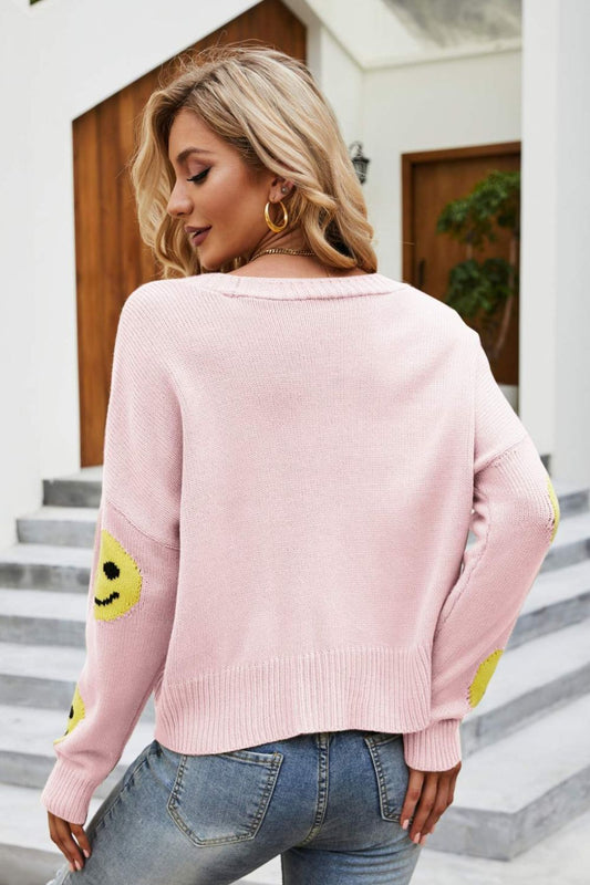 Smiley Face Ribbed Trim V-Neck Cardigan - Kawaii Stop - Acrylic Material, Buttoned Front, Cardigan, Cardigans, Casual, Chic Style, Fun Fashion, Playful Print, Ribbed Trim, Ship From Overseas, Smiley Face Cardigan, V-Neck, Women's Clothing, Yh