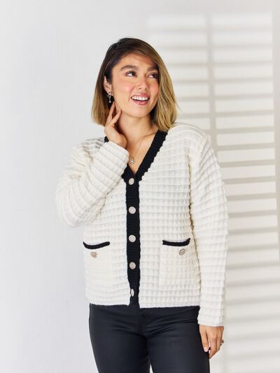 Contrast Trim Button Up Cardigan - Kawaii Stop - Buttoned, Cardigan, Comfortable, Contrast Trim, Cozy, Easy Care, Effortless Fashion, Everyday Elegance, Functional Pockets, Ship From Overseas, Shipping delay January 24 - February 19, Stylish, Versatile, Women's Fashion, Y*X