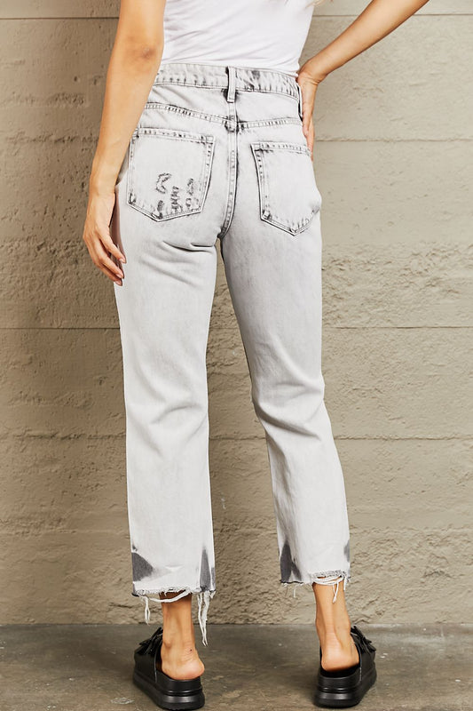 Acid Wash Accent Cropped Mom Jeans - Kawaii Stop - Acid Wash, BAYEAS, Chic Style, Cropped Mom Jeans, Distressed Details, High-Rise Design, Jeans, Jeans for Women, Machine Wash Cold, No Stretch, Ship from USA, Two-Tone Pattern, Women's Clothing, Women's Fashion