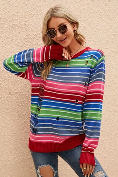 Striped Distressed Cutout Round Neck Sweater - Kawaii Stop - Affordable Fashion, Chic and Bold, Distressed Cutout, Fashionista's Choice, Polyester Material, Round Neck, Ship From Overseas, Statement Piece, Sweater, Trendy Ankle Boots, Wardrobe Essential, Women's Wardrobe, Yh