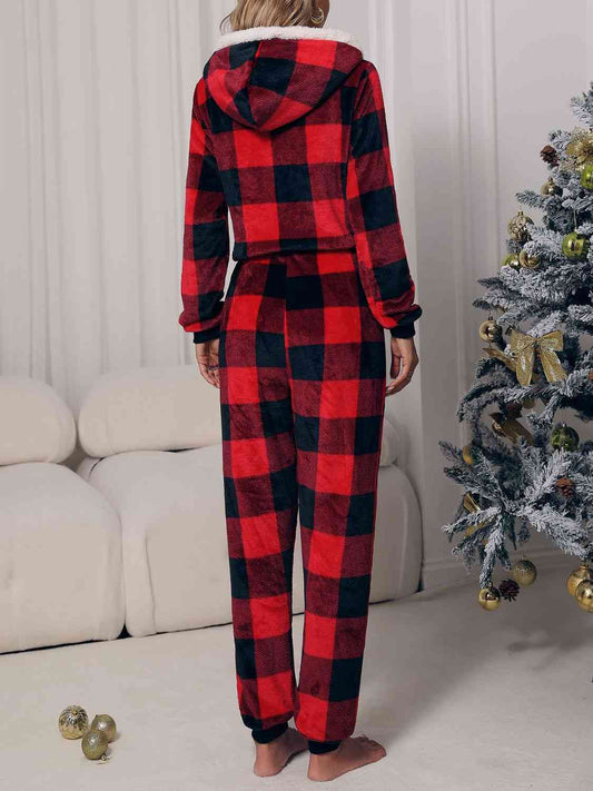 Plaid Zip Front Long Sleeve Hooded Lounge Jumpsuit - Kawaii Stop - Casual Fashion, Christmas, Cozy Comfort, Jumpsuit, Loungewear, Plaid Pattern, San&R, Ship From Overseas, Stylish Lounge, Winter Wardrobe