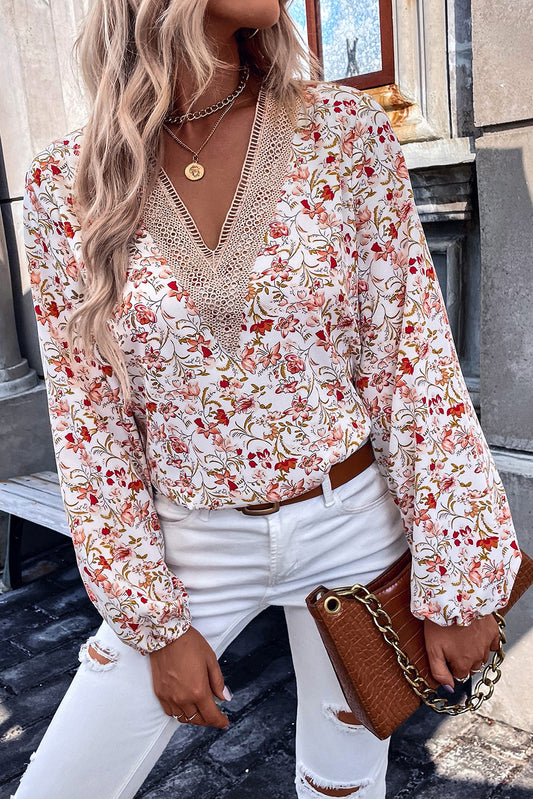 Printed V-Neck Long Sleeve Blouse - Kawaii Stop - Blouse, Blouses, Casual Style, Elegant Design, Eyelet Detail, Floral Blouse, Floral Delight, Opaque Material, Printed Blouse, Ship From Overseas, Sophisticated Look, SYNZ, V-Neck Top, Women's Clothing, Women's Fashion