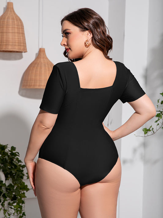 Plus Size Scoop Neck Short Sleeve One-Piece Swimsuit - Kawaii Stop - Beach Style, One Piece Swimsuit, One Piece Swimsuits, One-Piece Swimwear, Plus Size Chic, Plus Size Fashion, Polyester and Spandex, Roman, Scoop Neck Swimsuit, Ship From Overseas, Short Sleeve, Stylish Swimsuit, Swimwear, Vacation Essentials