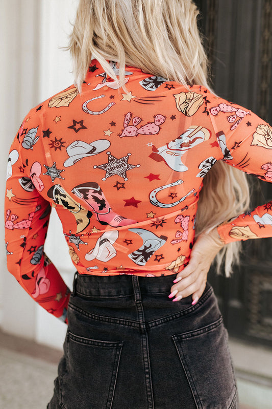 Printed Mock Neck Long Sleeve Bodysuit - Kawaii Stop - Bodysuit, Bodysuits, Casual, Comfortable, Confidence, Denim Jacket, Fashion, Graphic Print, High-Waisted Jeans, Polyester, Ship From Overseas, Sneakers, Spandex, SYNZ, Timeless, Trendy, Unique Style, Versatile, Women's Clothing