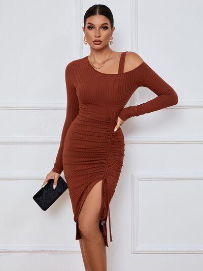 Ribbed Ruched Drawstring Wrap Dress - Kawaii Stop - Affordable Fashion, Chic and Sophisticated, Delicate Jewelry, Elegant Style, Fashionista's Choice, Heeled Sandals, Opaque Fabric, Polyester Material, Ruched Drawstring, Ship From Overseas, Slit, Special Occasion, Wardrobe Essential, Women's Wardrobe, Wrap Dress, Y@Q@S