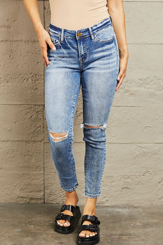 Mid Rise Distressed Skinny Jeans - Kawaii Stop - BAYEAS, Chic, Comfortable, Dark Wash, Distressed, Fashion, Jeans, Machine Washable, Mid Rise, Must-Have., Premium Quality, Ship from USA, Skinny Jeans, Stylish, Versatile, Wardrobe Essential, Women's Fashion