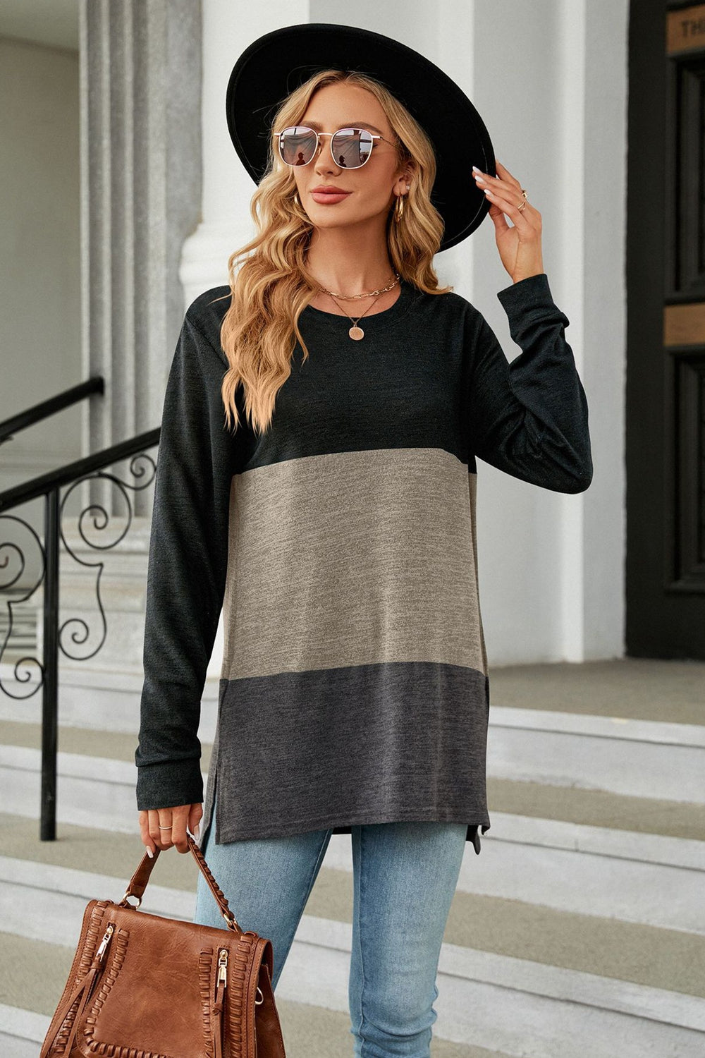 Color Block Round Neck Long Sleeve Slit T-Shirt - Kawaii Stop - Casual Chic, Color Block Tee, Comfortable Fit, Contrast Pattern, Everyday Style, Fashionista's Choice, Long Sleeves, Modern Chic, Opaque Fabric, Round Neck, Ship From Overseas, Shipping Delay 09/29/2023 - 10/02/2023, Slightly Stretchy, Slit Detail, Stylish Statement, T-Shirt, T-Shirts, Tee, Trendy Wardrobe Addition, Unique Design, Women's Clothing, Women's Top, X&D