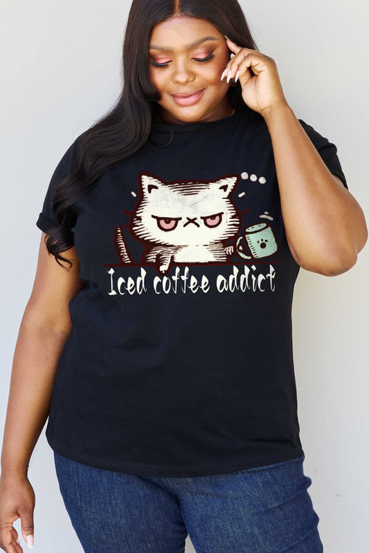 Full Size ICED COFFEE ADDICT Graphic Cotton Tee - Kawaii Stop - Casual Style, Coffee Addict, Coffee Lover Tee, Coffee Pride, Comfortable Fit, Easy Care, Fun Coffee Graphic, Graphic Cotton Shirt, Long Length, Relatable Outfit, Round Neck, Ship From Overseas, Shipping Delay 09/29/2023 - 10/02/2023, Short Sleeve Shirt, Simply Love, Slightly Stretchy, T-Shirt, T-Shirts, Tee, Trendy, Women's Clothing, Women's Fashion, Women's Top