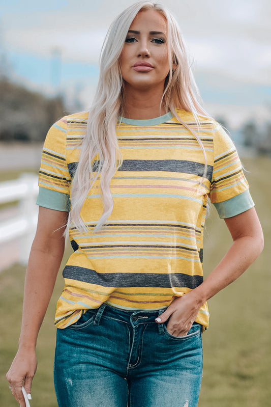 Multicolored Striped Round Neck Tee Shirt - Kawaii Stop - Casual Style, Comfortable, Hand Wash, Multicolored, Polyester Blend, Ship From Overseas, Striped Tee, SYNZ, T-Shirt, T-Shirts, Tee, Versatile, Women's Clothing, Women's Top
