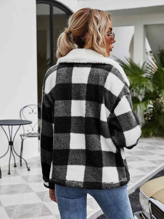 Plaid Zip-Up Collared Jacket - Kawaii Stop - Casual Style, Chic Apparel, Collared Jacket, Easy Care, Elegant Outerwear, Fashion Statement, Fashionable Jacket, Front-Zip Jacket, G@S, Jacket for All Seasons, Jacket with Pockets, Jackets, Must-Have Outerwear, Plaid Jacket, Polyester Jacket, Quality Material, Ship From Overseas, Stylish Outerwear, Trendsetting Look, Trendy Fashion, Versatile Jacket, Wardrobe Upgrade, Women's Jacket, Zip-Up Jacket