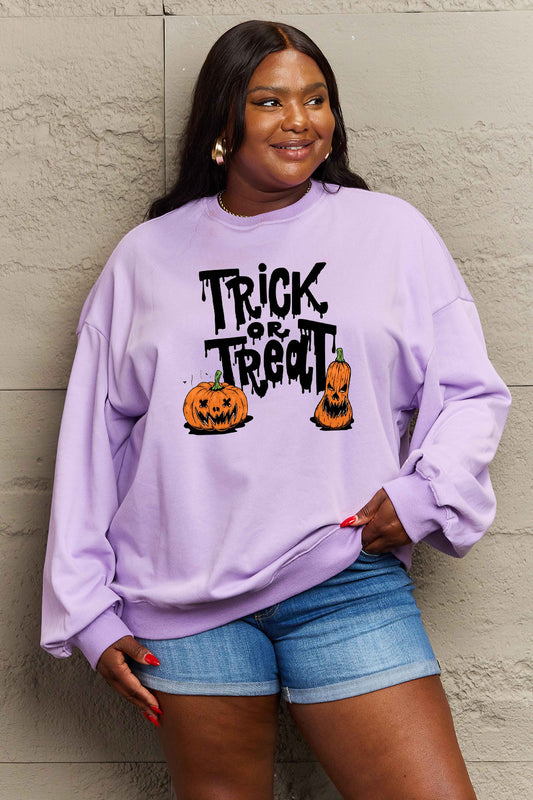 Full Size TRICK OR TREAT Graphic Sweatshirt - Kawaii Stop - Autumn Vibes, Cozy Comfort, Fashion Forward, Graphic Design, Halloween Style, Must-Have Fashion, Ship From Overseas, Shipping Delay 09/29/2023 - 10/04/2023, Simply Love, Spooky Season, Styling Inspiration, Stylish Top, Sweatshirt, Women's Fashion