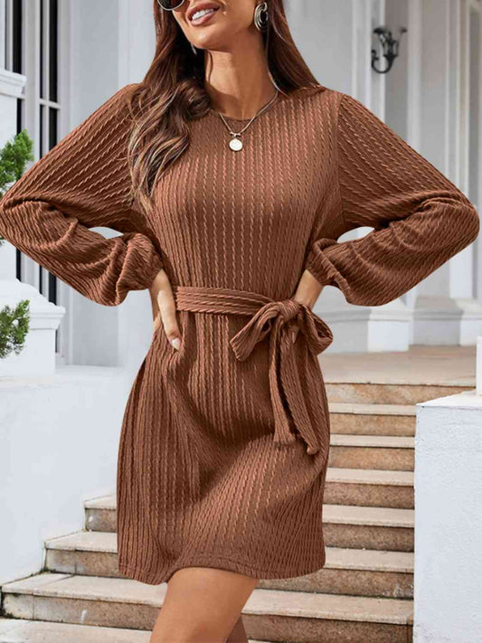 Round Neck Tie Front Long Sleeve Dress - Kawaii Stop - A@Y@Y, Basic Style, Classic Fashion, Dress for All Occasions, Effortless Elegance, Long Sleeve Dress, Ship From Overseas, Stylish Outfit, Tie Front Dress, Timeless Look, Versatile Dress, Women's Clothing