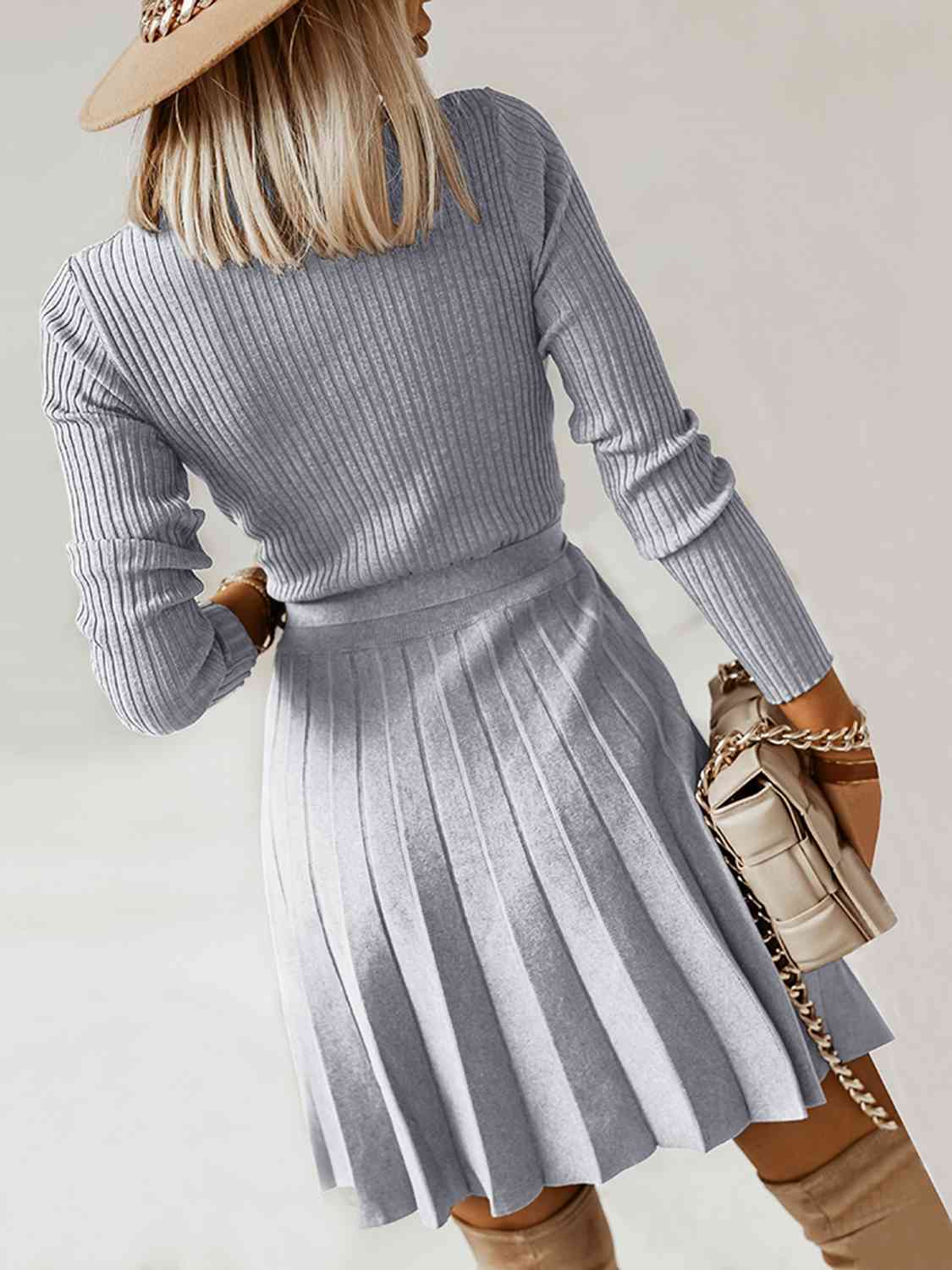 Surplice Neck Tie Front Pleated Sweater Dress - Kawaii Stop - Comfortable, Confidence Booster, Dress for Any Occasion, Easy Care, Elegant, H.Y.G@E, Imported Dress, Moderate Stretch, Pleated Dress, Ship From Overseas, Statement Dress, Stylish, Surplice Neck Dress, Sweater Dress, Tie Front Dress, Women's Fashion