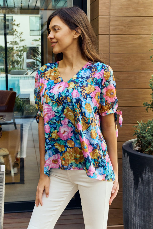 Full Size Floral V-Neck Tie Detail Blouse - Kawaii Stop - Chic Fashion, Floral Blouse, Petal Dew, Ship from USA, Tie Detail, Trendy Apparel, V-Neck, Women's Clothing