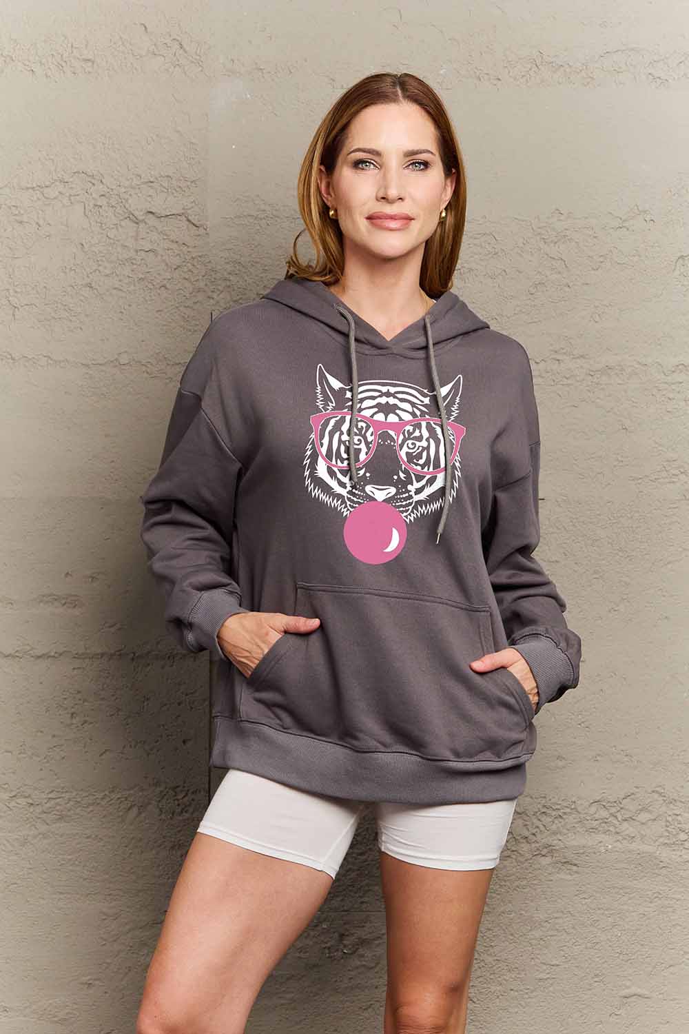 Full Size Dropped Shoulder Tiger Graphic Hoodie - Kawaii Stop - Casual Style, Comfortable Material, Exotic Charm, Fall Wardrobe, Fearless Fashion, Fierce Design, Graphic Hoodie, Hooded Neckline, Hoodies, Long Sleeve, Machine Washable, Opaque Fabric, Relaxed Fit, Roar with Confidence, Ship From Overseas, Shipping Delay 09/29/2023 - 10/04/2023, Simply Love, Slightly Stretchy, Sweatshirts, Tumble Dry, Versatile, Women's Clothing, Women's Fashion