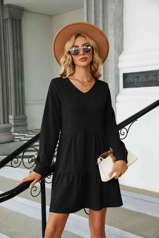 V-Neck Long Sleeve Mini Dress - Kawaii Stop - Casual Dress, Comfortable Wear, Easy Maintenance, Everyday Chic, Fashion Forward, Long Sleeve Dress, Must-Have Dress, Ship From Overseas, Solid Color, Timeless Design, Versatile Fashion, X&D