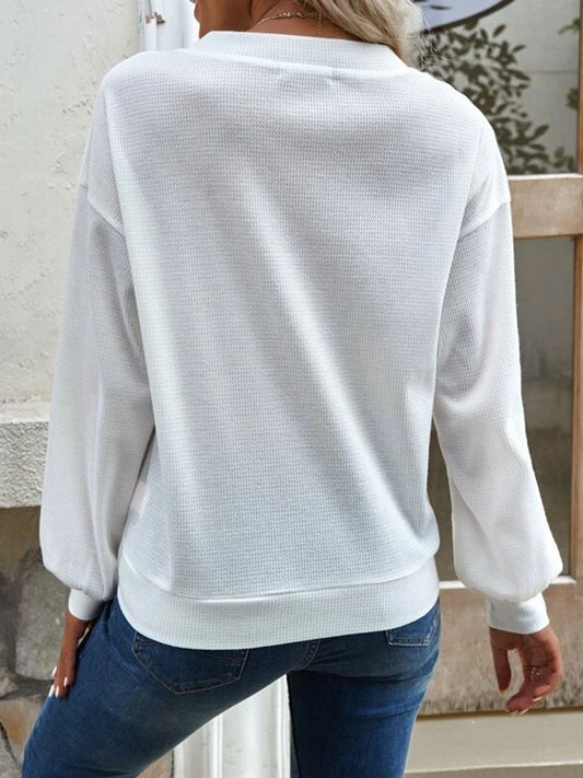 V-Neck Dropped Shoulder Blouse - Kawaii Stop - Blouse, Blouses, Casual Blouse, Chic Ensemble, Effortless Elegance, Everyday Comfort, Fashion Must-Have, Long Sleeve Top, Opaque Design, Polyester Material, S@F@M@B, Seasonal Fashion, Ship From Overseas, Shipping Delay 09/29/2023 - 10/01/2023, Stylish Attire, Trendy Look, V-Neck Blouse, Waffle-Knit Texture, Wardrobe Essential, Women's Clothing, Women's Fashion