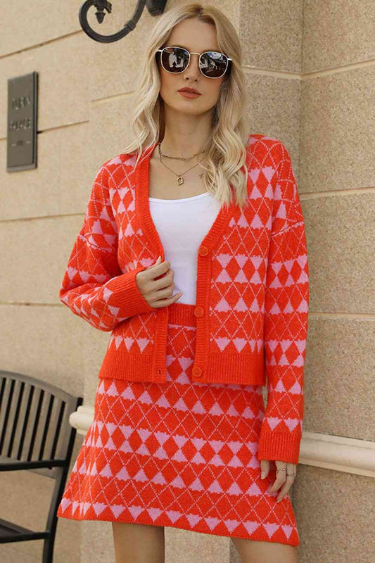 Geometric Dropped Shoulder Cardigan and Knit Skirt Set - Kawaii Stop - Buttoned Cardigan, Casual Fashion, Chic Appearance, Christmas, Comfortable Fit, Coordinated Outfit, Easy Care Apparel, Everyday Wear, Geometric Pattern, Knit Skirt, Modern Fashion, Ship From Overseas, Trendy Look, Two-Piece Set, Unique Style, Versatile Ensemble, Women's Clothing, Yh