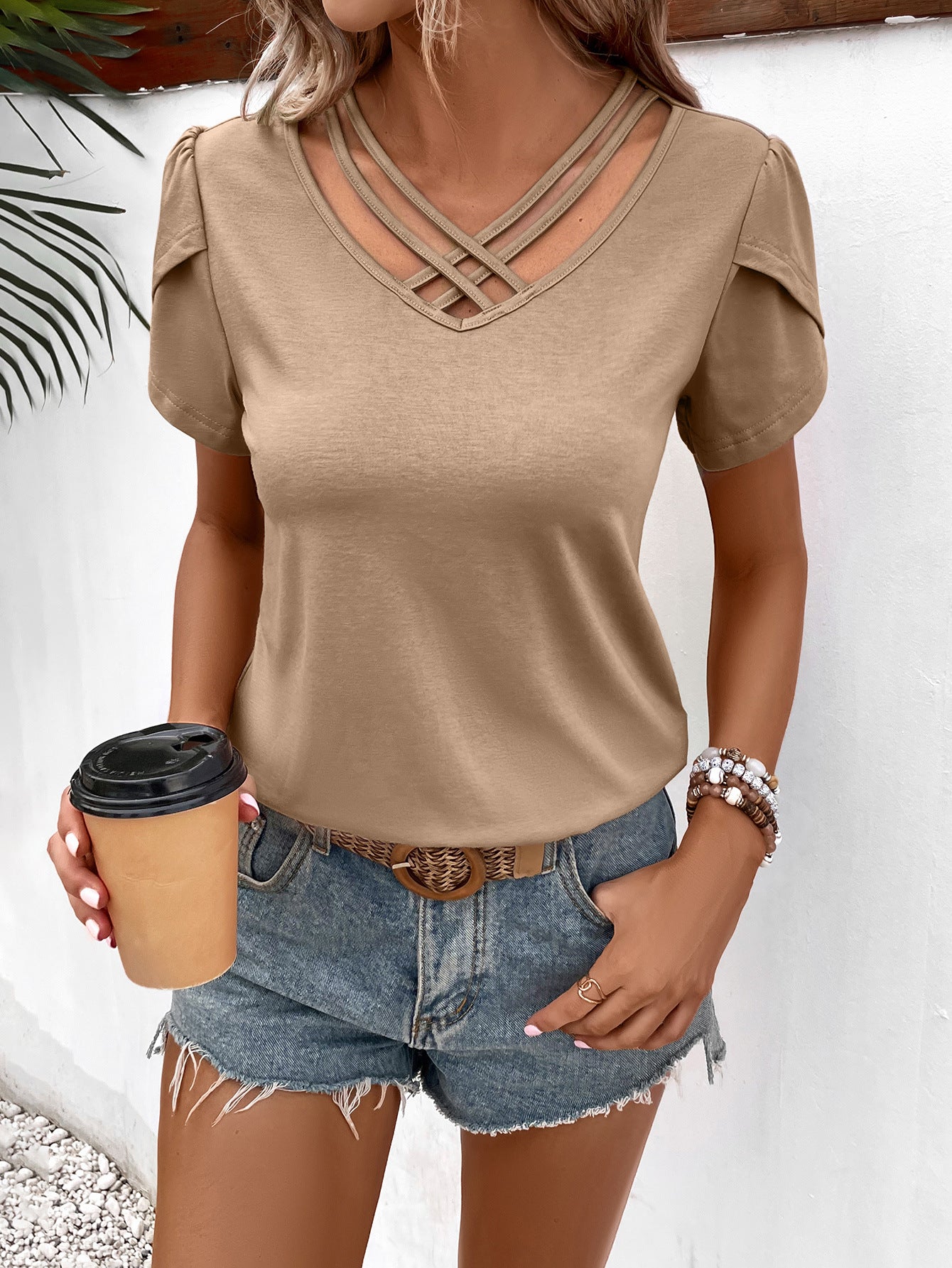 Strappy V-Neck Petal Sleeve Top - Kawaii Stop - Chic Style, Easy Care, Elegant, Highly Stretchy, Petal Sleeve, Polyester Blend, Regular Length, Ship From Overseas, Short Sleeve Shirt, T-Shirt, T-Shirts, Tee, V-Neck Top, Versatile, Women's Clothing, Women's Fashion, Women's Top, Y&BL