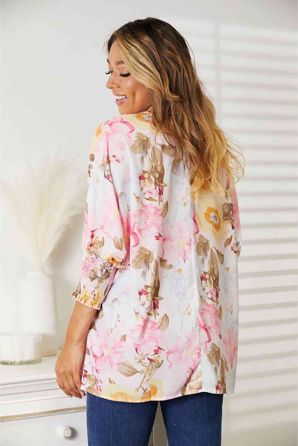 Floral Round Neck Three-Quarter Sleeve Top - Kawaii Stop - Double Take, Dress Up or Down, Elegant Look, Fashionable Top, Floral Three-Quarter Sleeve Top, Pop of Color, Round Neck Blouse, Ship from USA, Statement Piece, Stylish Apparel, Versatile Style, Vibrant Fashion, Women's Clothing