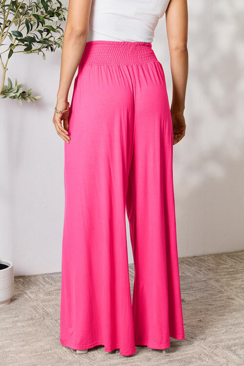 Smocked Wide Waistband Wide Leg Pants - Kawaii Stop - Boho Style, Casual Fashion, Chic Clothing, Comfortable Bottoms, Double Take, Figure-Flattering Fit, Machine Washable Pants, Opaque Material, Ship from USA, Smocked Waistband, Soft and Luxurious, Stylish Trousers, Trendy Legwear, Versatile Bottoms, Wide Leg Pants, Women's Apparel