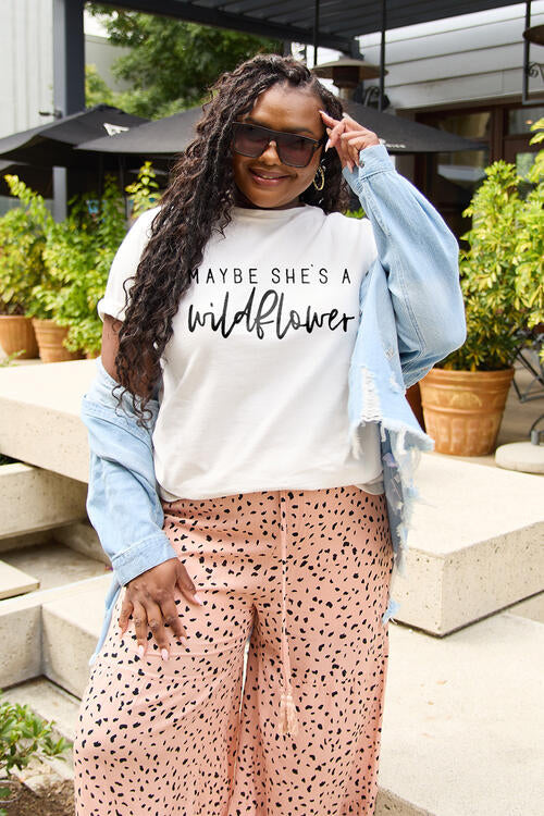 MAYBE SHE'S A WILDFLOWER Short Sleeve T-Shirt - Kawaii Stop - Basic Style, Boho Chic, Comfortable, Fashion, Flowy Skirt, Free-Spirited, Layered Bracelets, Machine Wash, Must-Have, Sandals, Ship From Overseas, Simply Love, Slightly Stretchy, T-Shirt, Tumble Dry, Wide-Brimmed Hat, Wildflower, Women's Clothing