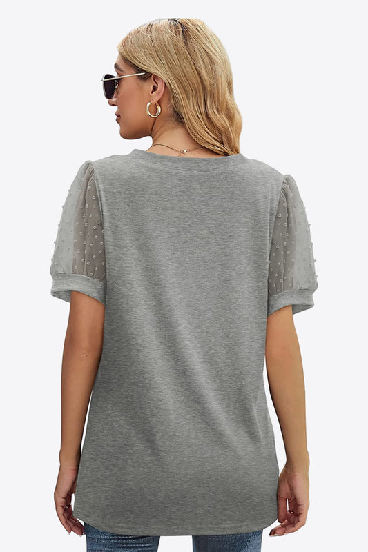 Swiss Dot Puff Sleeve V-Neck Tee - Kawaii Stop - Casual Elegance, Comfortable Fit, Everyday Style, Highly Stretchy, Imported Fashion, Lamy, Puff Sleeve Tee, Ship From Overseas, Shipping Delay 09/29/2023 - 10/02/2023, Solid Pattern, Swiss Dot Detail, T-Shirt, T-Shirts, Tee, V-Neckline, Women's Clothing, Women's Top