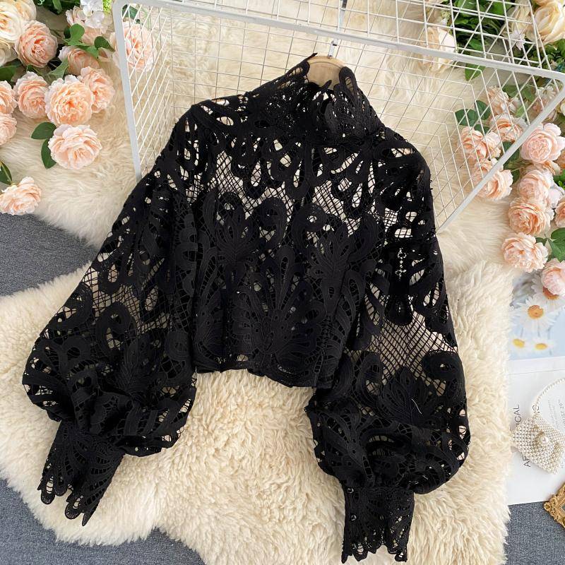 Lace Hollowed Out Blouses - Kawaii Stop - Autumn, Blouse, Blouses &amp; Shirts, Casual, Crop, Crop Top, Cute, Elegant, Female, Hollow Out, Lace, Lantern, Long Sleeve, Polyester, Puff Sleeve, Sexy, Shirts, Short, Spring, Stand Collar, Tops, Tops &amp; Tees, Women's Clothing &amp; Accessories, Women's Sheer