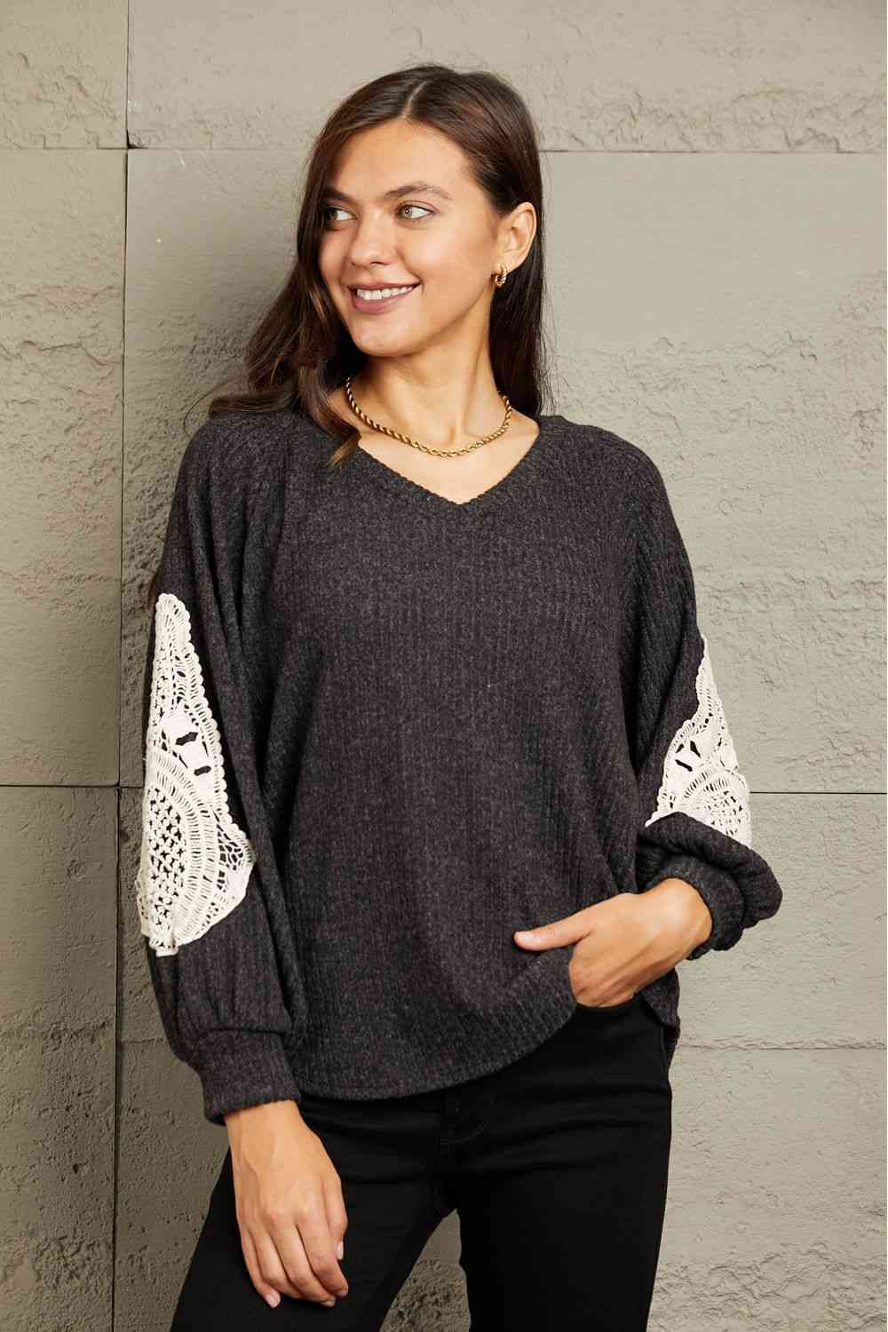 Full Size Lace Patch Detail Sweater