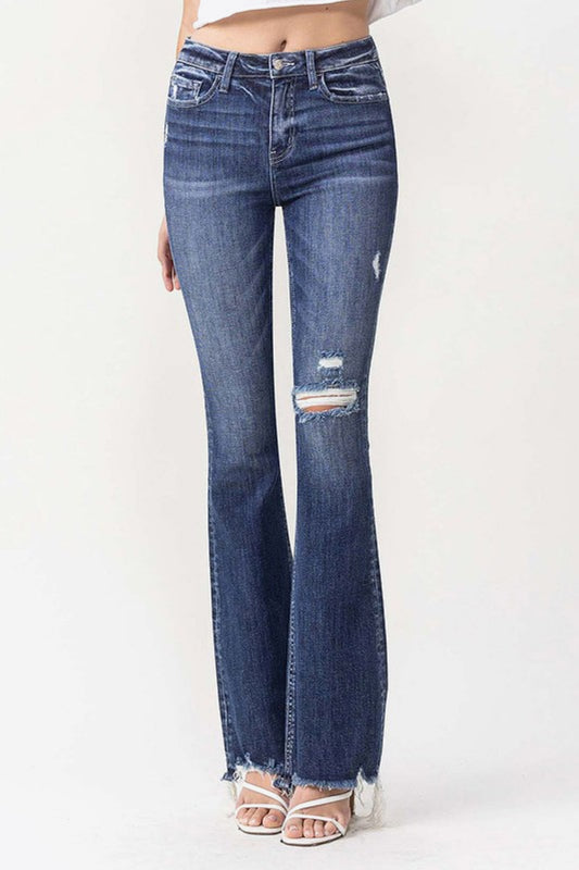 Full Size High Rise Flare Jeans - Kawaii Stop - Casual Chic, Celebrate Your Shape, Distressed Details, Extra Length, High Rise, Imported Quality, Long Inseam, Raw Hem, Ship from USA, Sleek Look, Stylish Fit, Trendy Fashion, Versatile Denim, Vervet, Women's Clothing