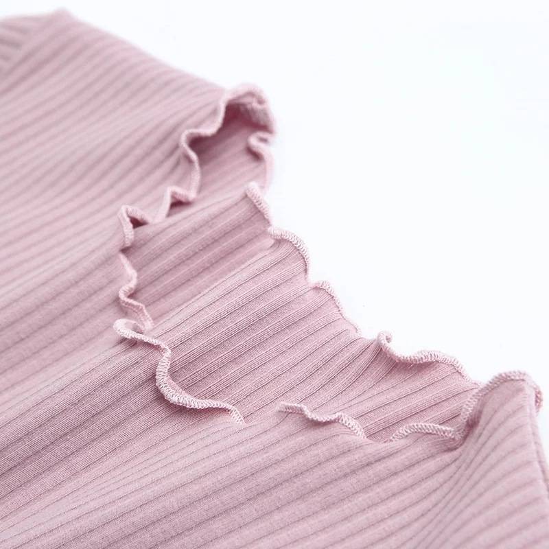 Ruffle Trim Crop Top - Kawaii Stop - Camis &amp; Tops, Cotton, O-Neck, Short, Short Sleeve, Slim Fit, T-Shirts, Top, Tops &amp; Tees, Vintage, Women, Women's Clothing &amp; Accessories