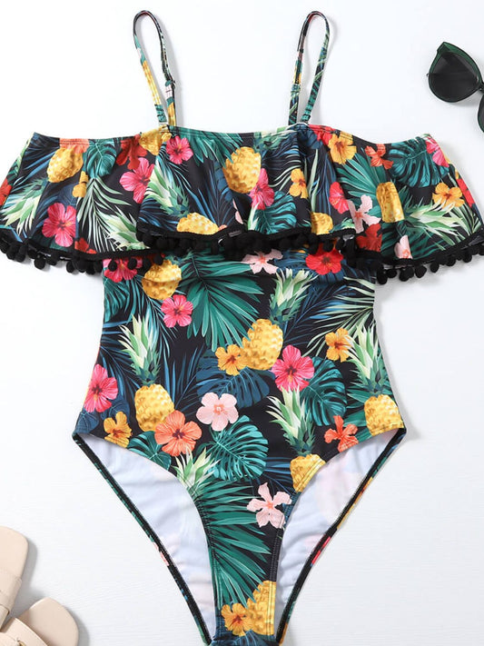 Botanical Print Cold-Shoulder One-Piece Swimsuit - Kawaii Stop - Beach Fashion, Beachwear, Botanical Print, Cold-Shoulder, Highly Stretchy, Off-Shoulder, One Piece Swimsuit, One Piece Swimsuits, One-Piece, Poolside Glam, Removable Padding, Ship From Overseas, Shipping Delay 09/29/2023 - 10/04/2023, Summer Style, Swimsuit, Swimwear Fashion, Vacation Essentials, X.Y