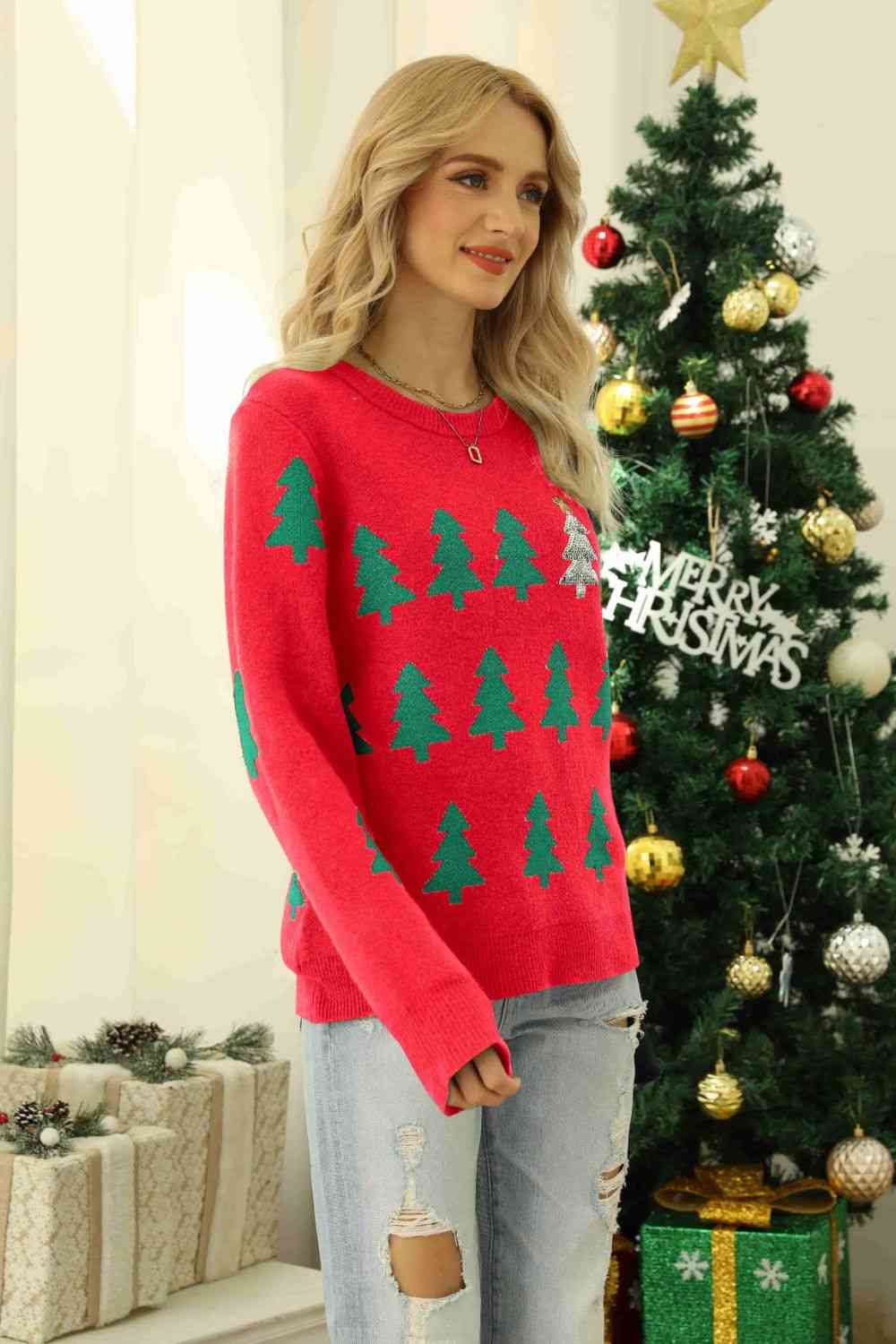 Christmas Tree Round Neck Ribbed Trim Sweater - Kawaii Stop - Casual, Christmas, Christmas Outfit, Christmas Tree Design, Comfortable, Cozy Winter Clothing, Fashion, Festive Attire, Festive Wear, Gift Idea, Holiday Fashion, Seasonal Wardrobe, Ship From Overseas, Stylish Apparel, Trendy, Unique Design, Winter Style, Yh